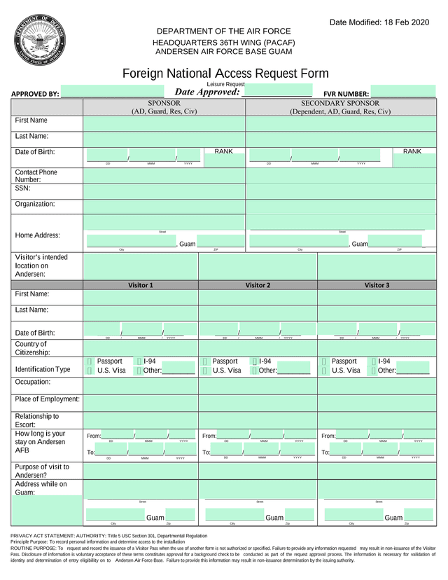 Foreign National Access Request Form screenshot