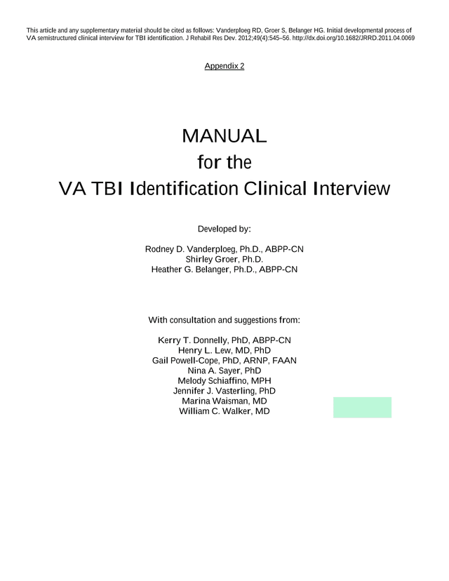 VA TBI Identification Clinical Interview Manual screenshot