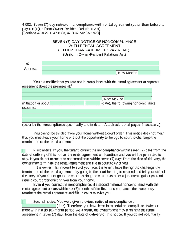 Seven (7) Day Notice Of Noncompliance With Rental Agreement screenshot