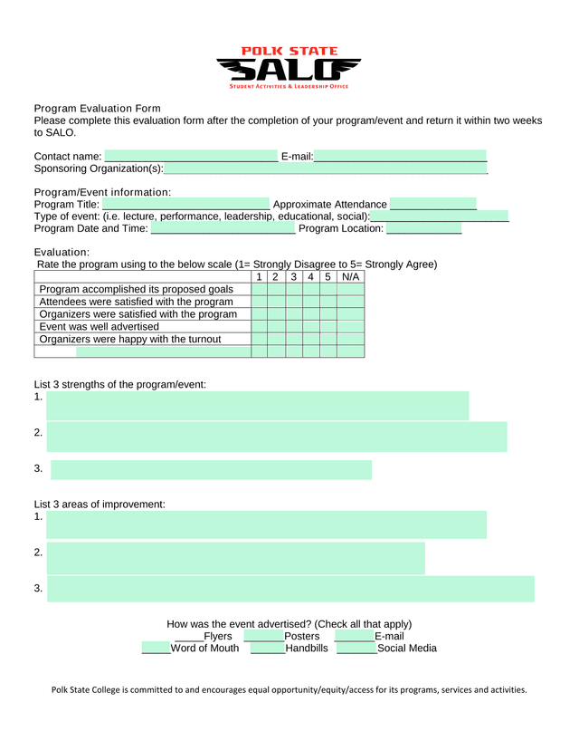 Program Evaluation Form screenshot