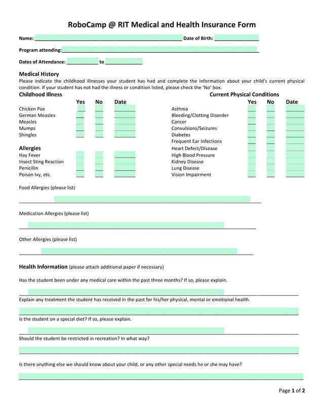 RoboCamp  RIT Medical And Health Insurance Form screenshot