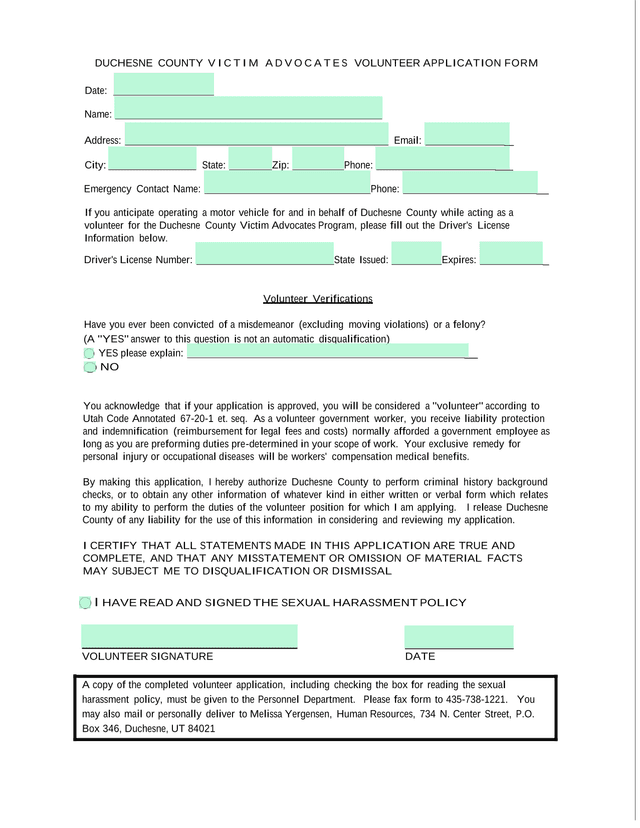 Duchesne County Victim Advocates Volunteer Application Form screenshot