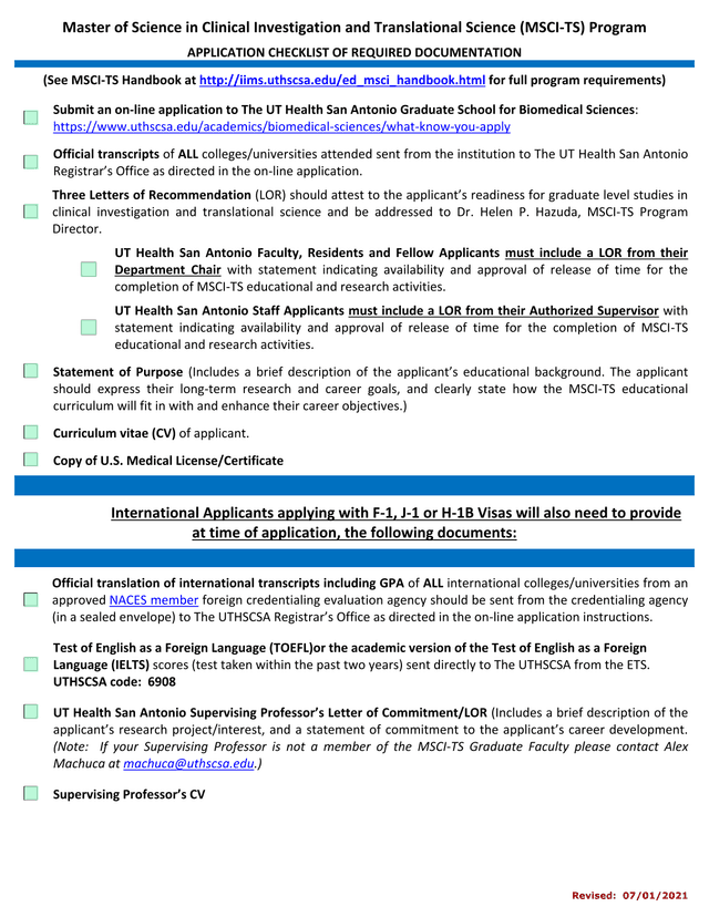 Master Of Science In Clinical Investigation And Translational Science (MSCI TS) Program APPLICATION  screenshot