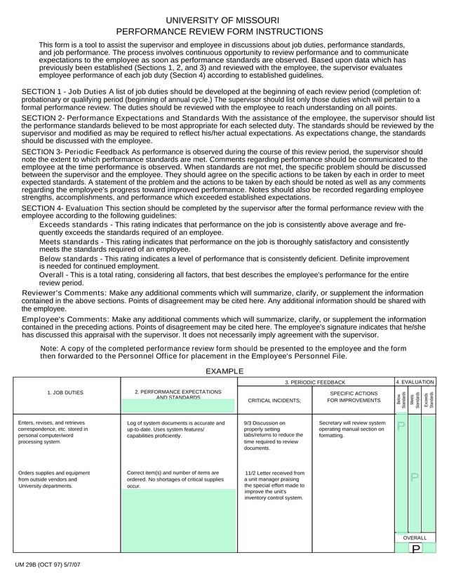 UNIVERSITY OF MISSOURI PERFORMANCE REVIEW FORM INSTRUCTIONS screenshot