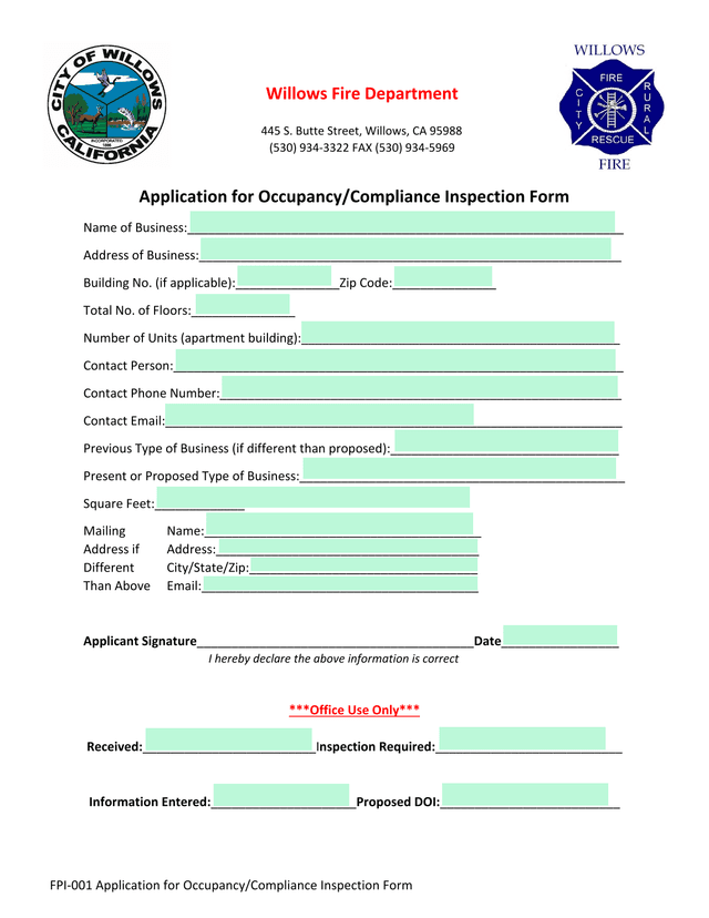 Application For OccupancyCompliance Inspection Form screenshot