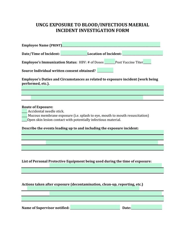 UNCG Exposure To BloodInfectious Material Incident Investigation Form screenshot