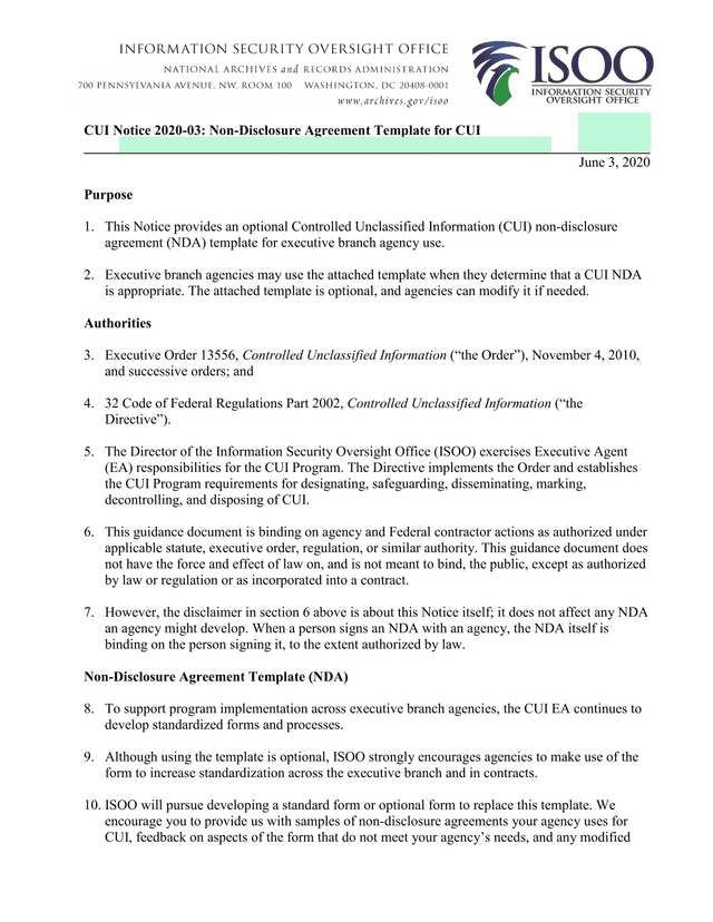 CUI Notice 2020 03 Non Disclosure Agreement Template For CUI screenshot