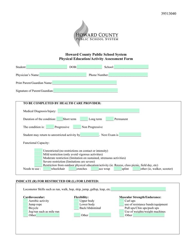 Physical EducationActivity Assessment Form screenshot