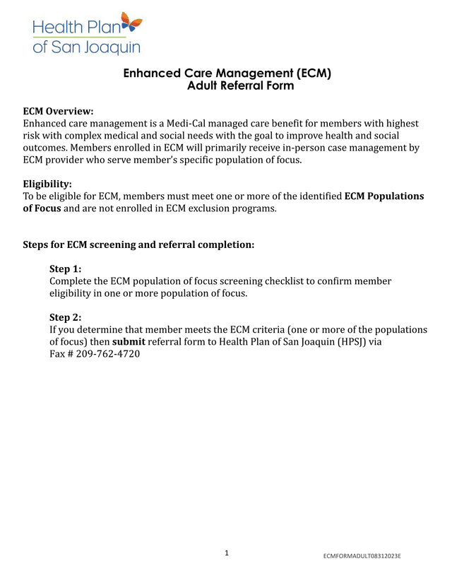 Enhanced Care Management (ECM) Adult Referral Form screenshot