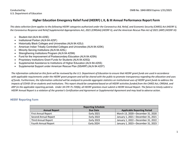 Higher Education Emergency Relief Fund (HEERF) I, II,  III Annual Performance Report Form screenshot