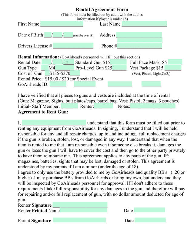 Rental Agreement Form screenshot