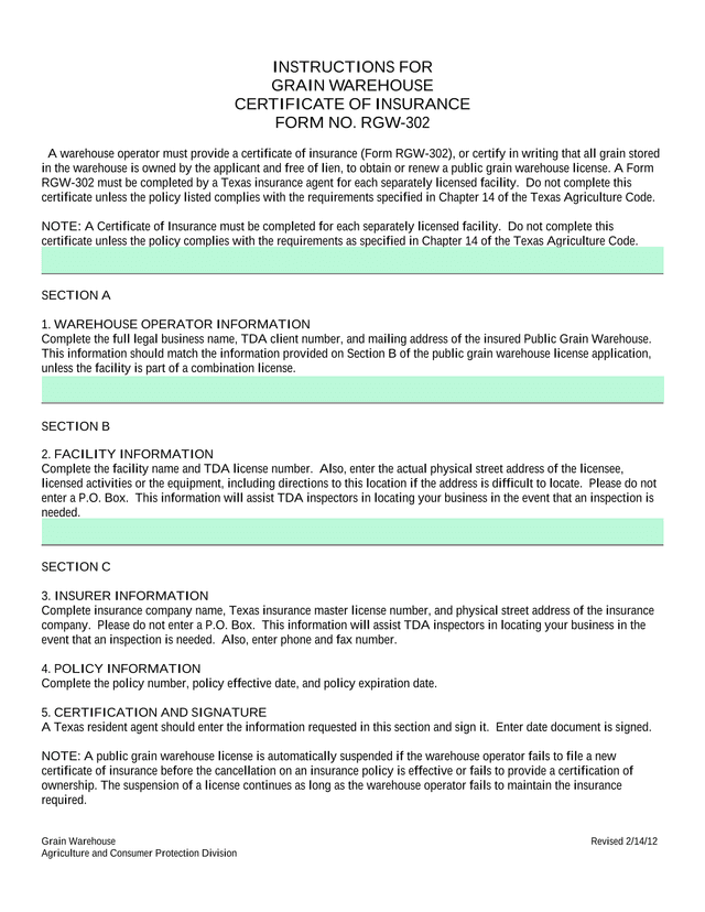 GRAIN WAREHOUSE CERTIFICATE OF INSURANCE FORM NO. RGW 302 screenshot