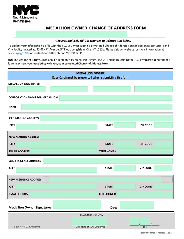 Medallion Owner Change Of Address Form screenshot