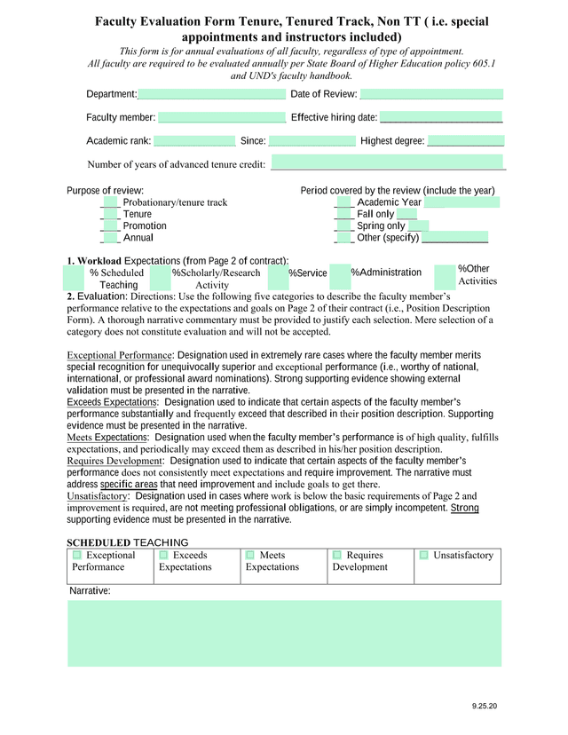 Faculty Evaluation Form Tenure, Tenured Track, Non TT screenshot