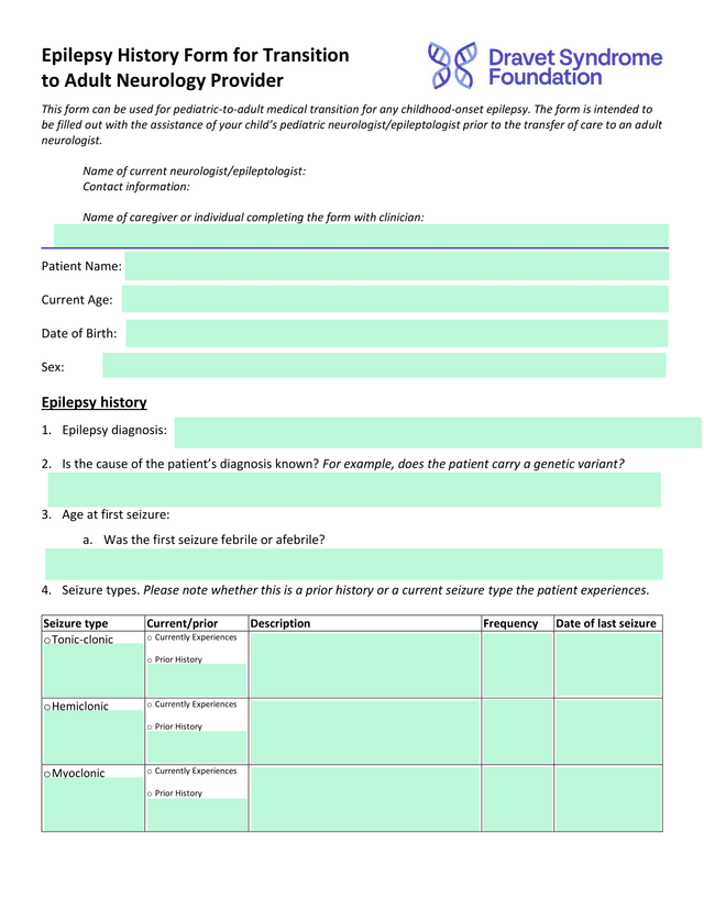 Epilepsy History Form For Transition To Adult Neurology Provider screenshot