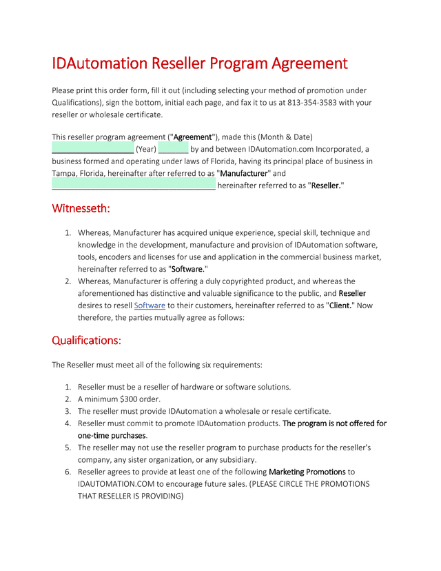 IDAutomation Reseller Program Agreement screenshot