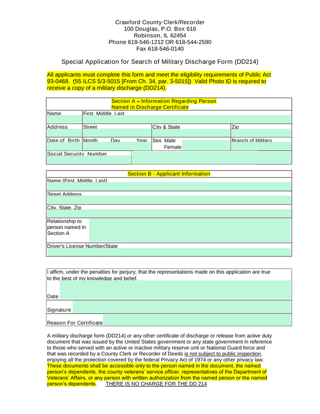 Special Application For Search Of Military Discharge Form (DD214) screenshot