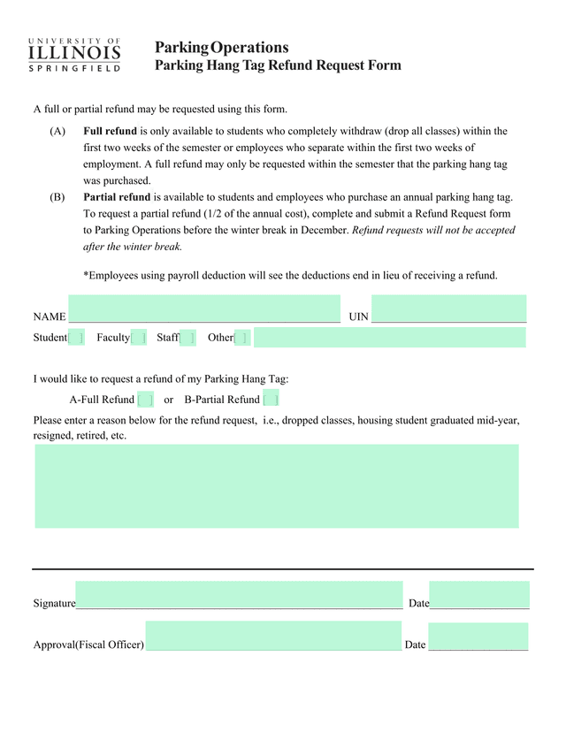 Parking Hang Tag Refund Request Form screenshot