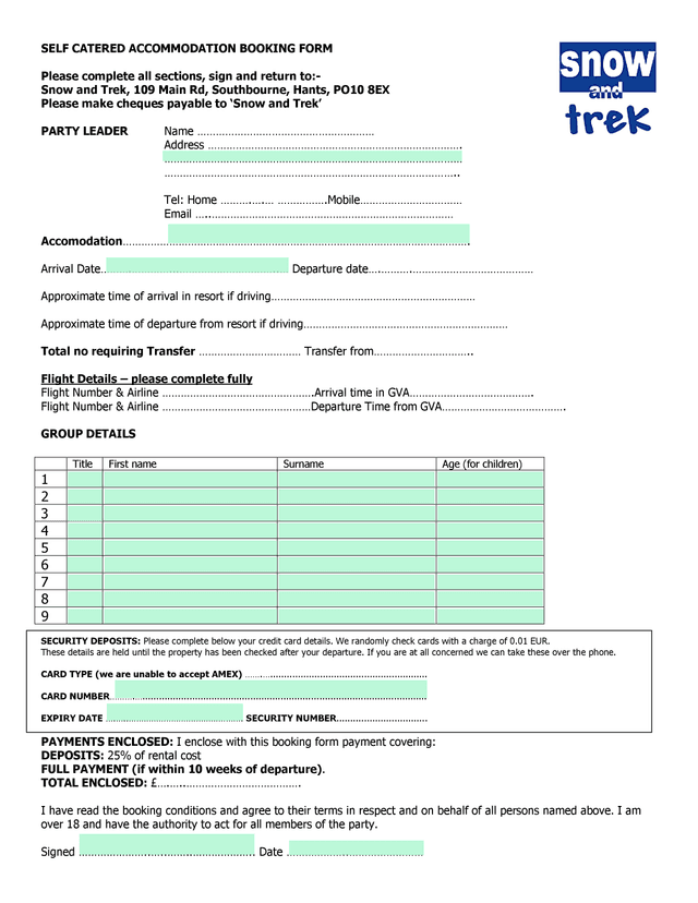 Self Catered Accommodation Booking Form screenshot
