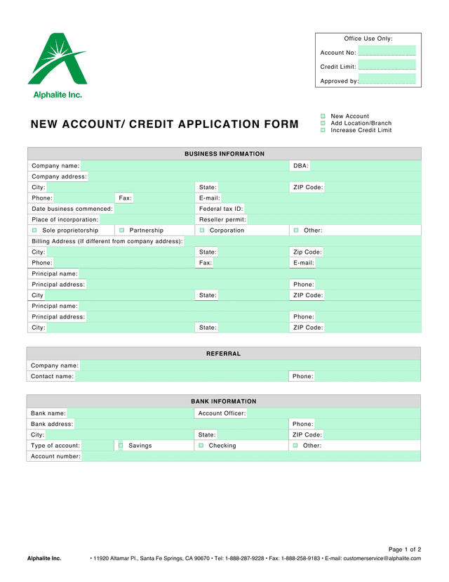 NEW ACCOUNT CREDIT APPLICATION FORM screenshot
