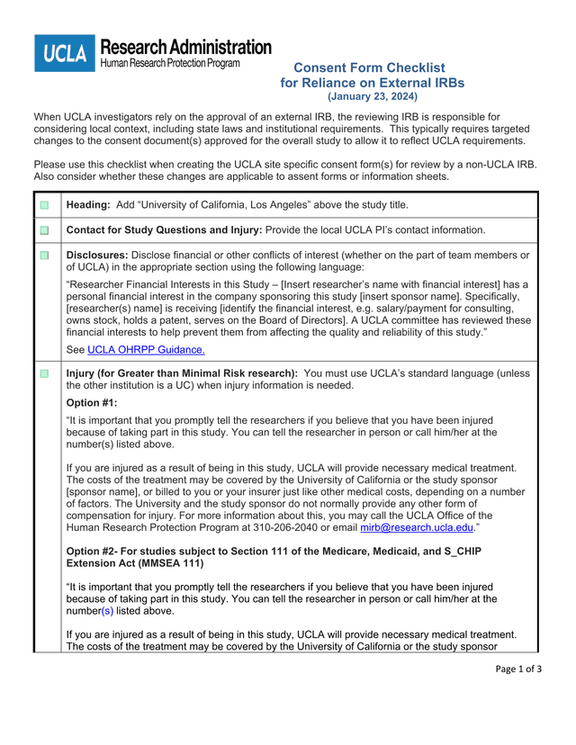 Consent Form Checklist For Reliance On External IRBs screenshot