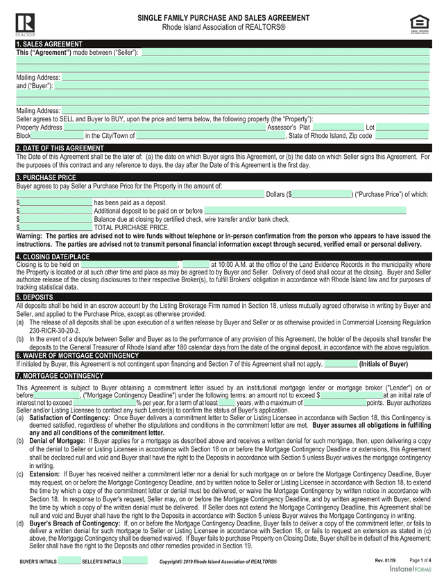 Single Family Purchase And Sales Agreement screenshot