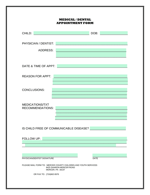 MEDICAL  DENTAL APPOINTMENT FORM screenshot