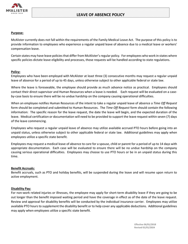 McAlister Employee Medical Leave Policy screenshot