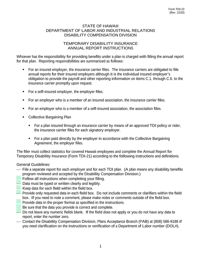 Form TDI 22 screenshot