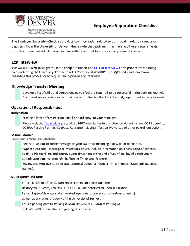 Employee Separation Checklist screenshot