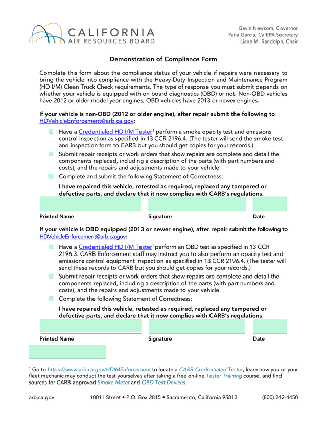 Demonstration Of Compliance Form screenshot