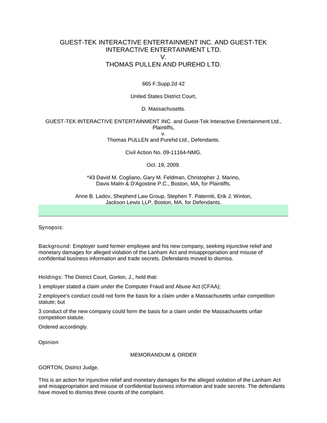 Guest Tek Interactive Entertainment Inc. V. Thomas Pullen And PureHD Ltd. screenshot