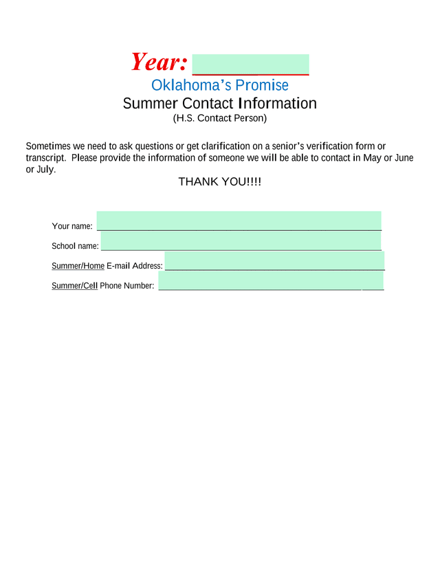 OklahomaS Promise Summer Contact Information screenshot