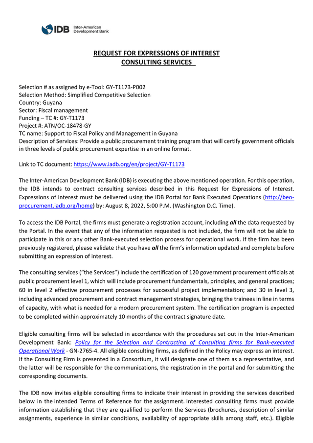 Request For Expressions Of Interest Consulting Services screenshot