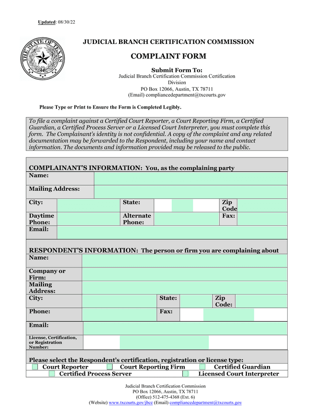 Judicial Branch Certification Commission Complaint Form screenshot