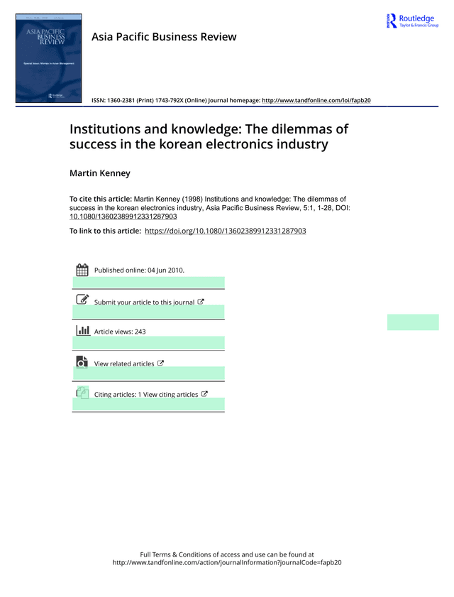 Institutions And Knowledge The Dilemmas Of Success In The Korean Electronics Industry screenshot