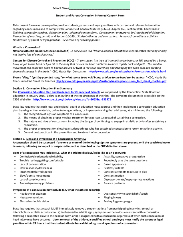 Student And Parent Concussion Informed Consent Form screenshot
