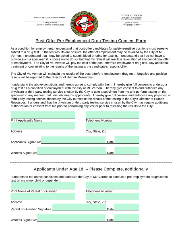 Post Offer Pre Employment Drug Testing Consent Form screenshot
