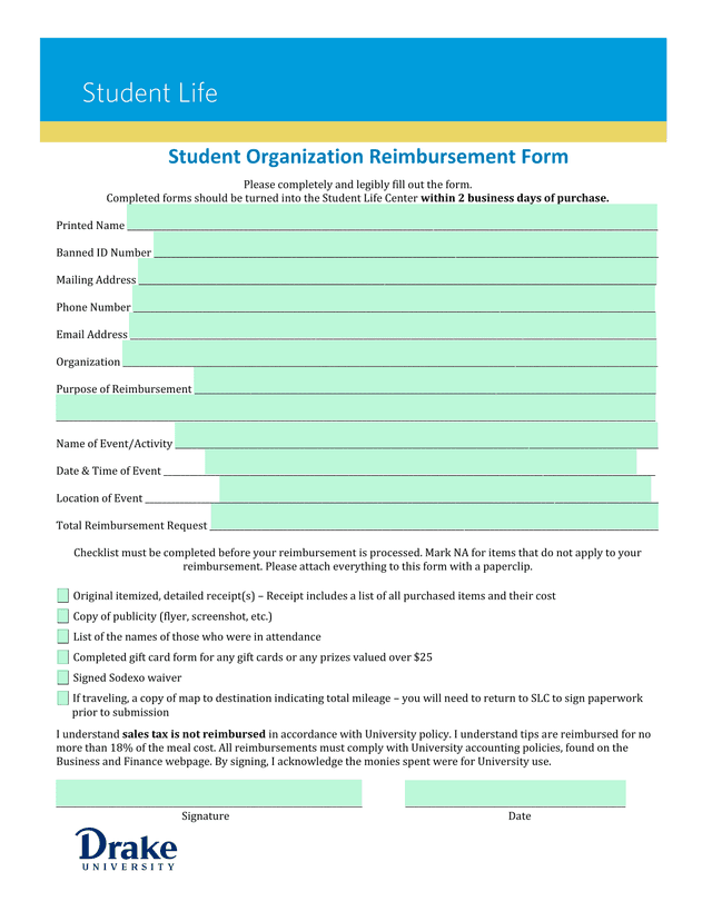 Student Organization Reimbursement Form screenshot