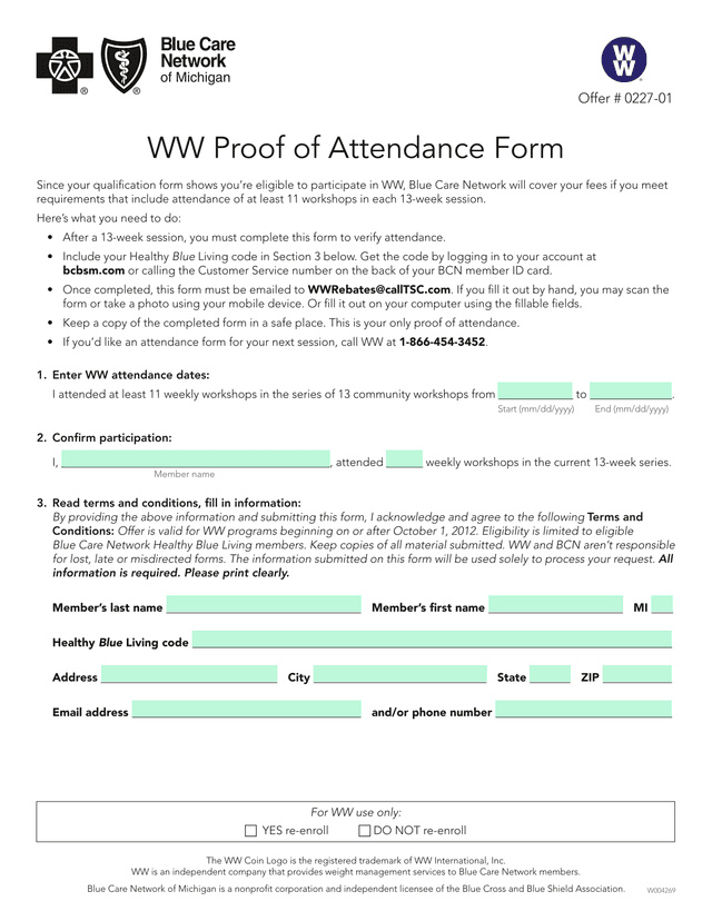 WW Proof Of Attendance Form screenshot