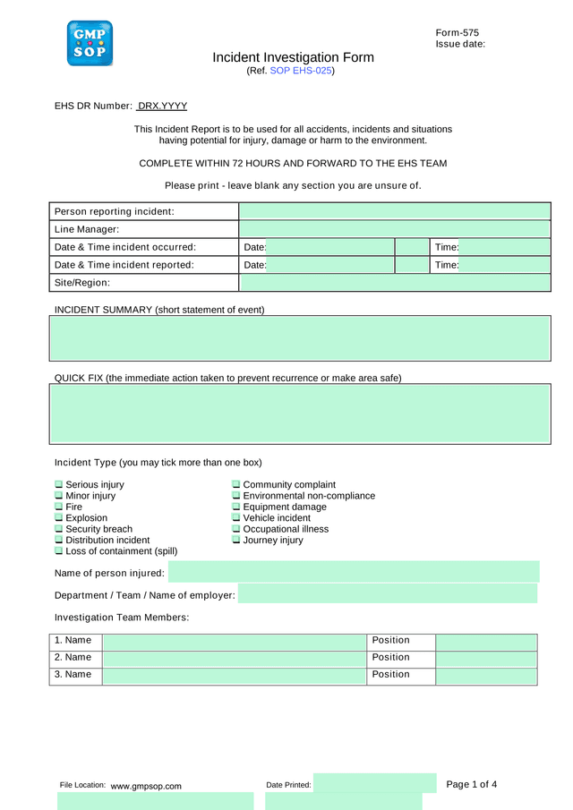 Incident Investigation Form screenshot