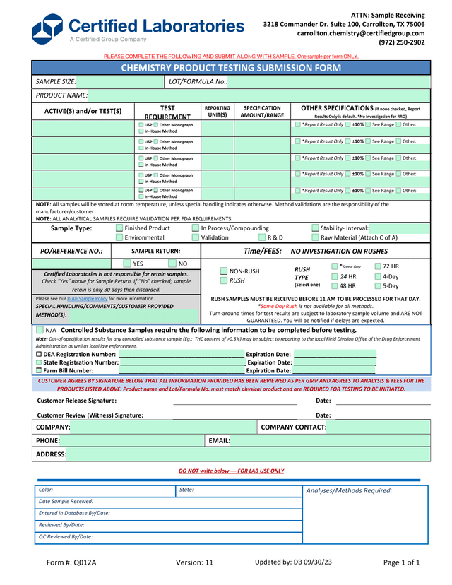 Chemistry Product Testing Submission Form screenshot