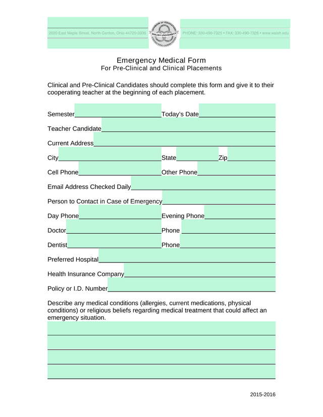 Emergency Medical Form For Pre Clinical And Clinical Placements screenshot