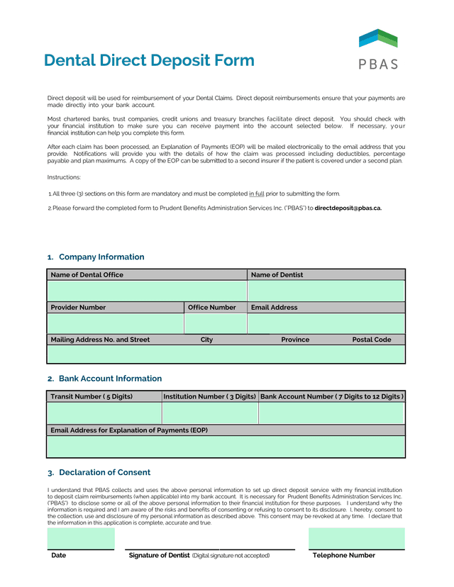 Dental Direct Deposit Form screenshot