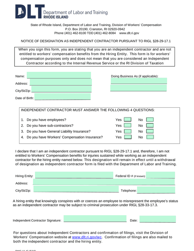 Notice Of Designation As Independent Contractor screenshot