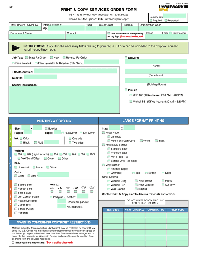 PRINT  COPY SERVICES ORDER FORM screenshot