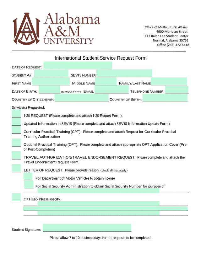 International Student Service Request Form screenshot