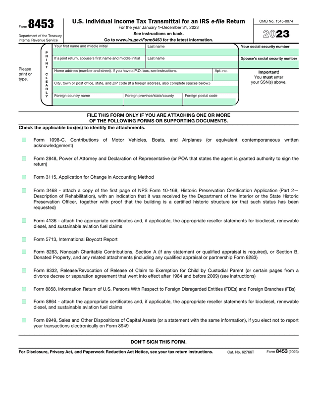 Form 8453 U.S. Individual Income Tax Transmittal For An IRS E File Return screenshot