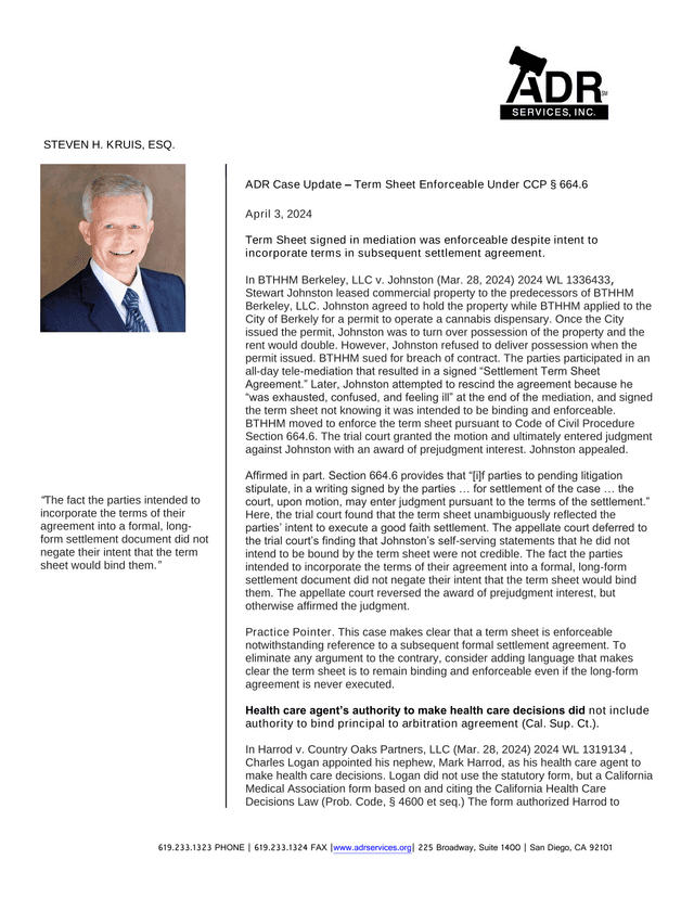 ADR Case Update  Term Sheet Enforceable Under CCP  664.6 screenshot