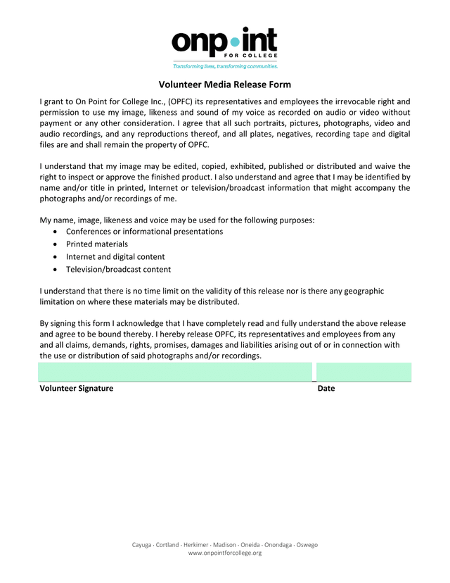 Volunteer Media Release Form screenshot